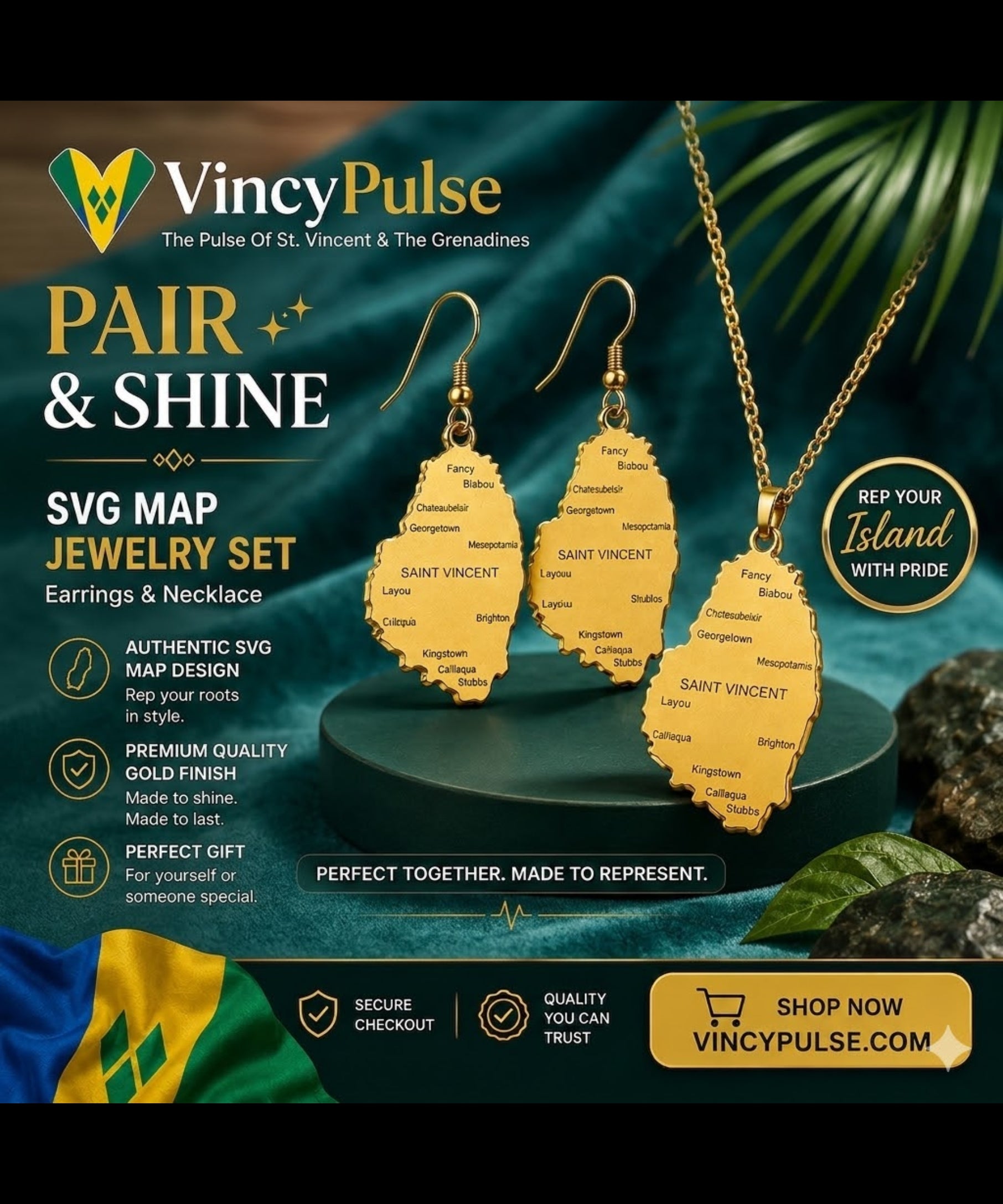 St. Vincent SVG Stainless Steel Pendant Necklace – Vincy Edition OR Bundle ( Necklace + Earrings)